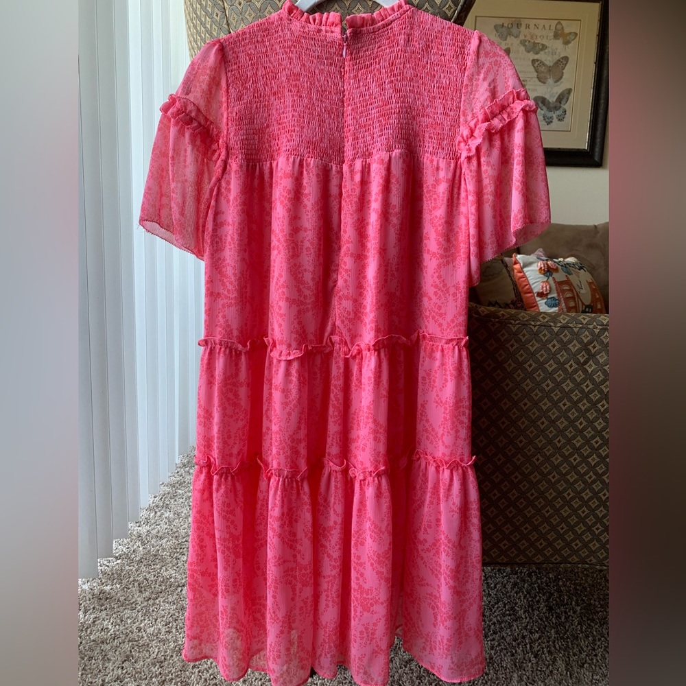 OlIVIACEOUS Pink Tiered Gauze Ruffle Smocked Babydoll Dress Lined Short Sleeves - Picture 4 of 10